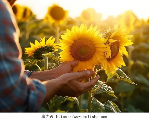向日葵花朵清新美好希望鲜花花束农民的双手拿着成熟向日葵